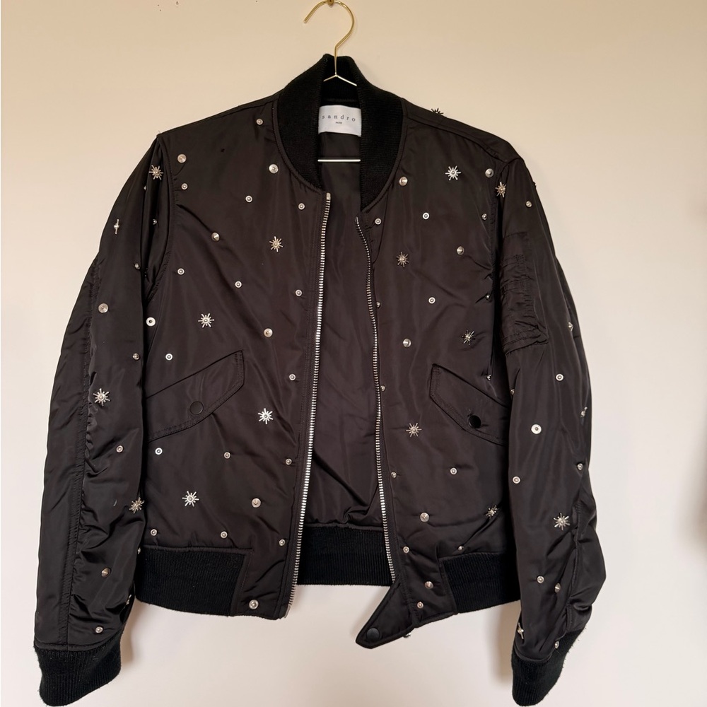 Sandro Black Bomber Jacket with Ribbed Collar